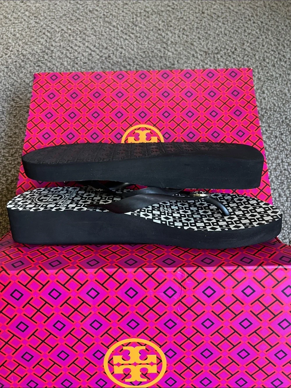 Tory Burch Black Flip Flop Sandals with Silver Emblem w/ Elevated Heel
